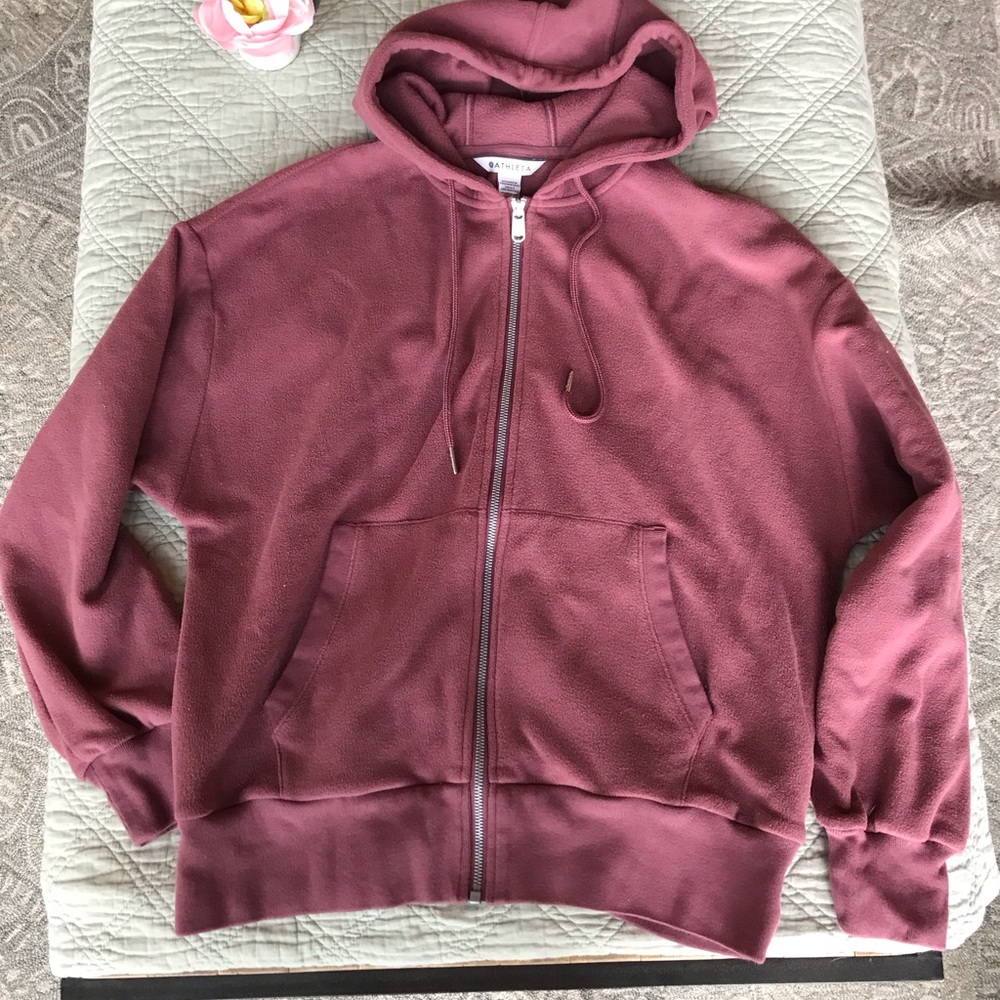 Light fleece, mauve color hoodie. Full zip, drawstring hood, 2 pockets.